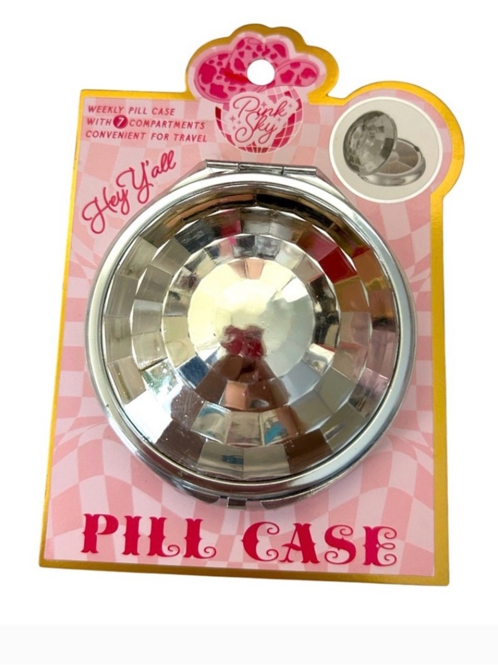 Pink Sky Mirrored Round Weekly Pill Case - Silver